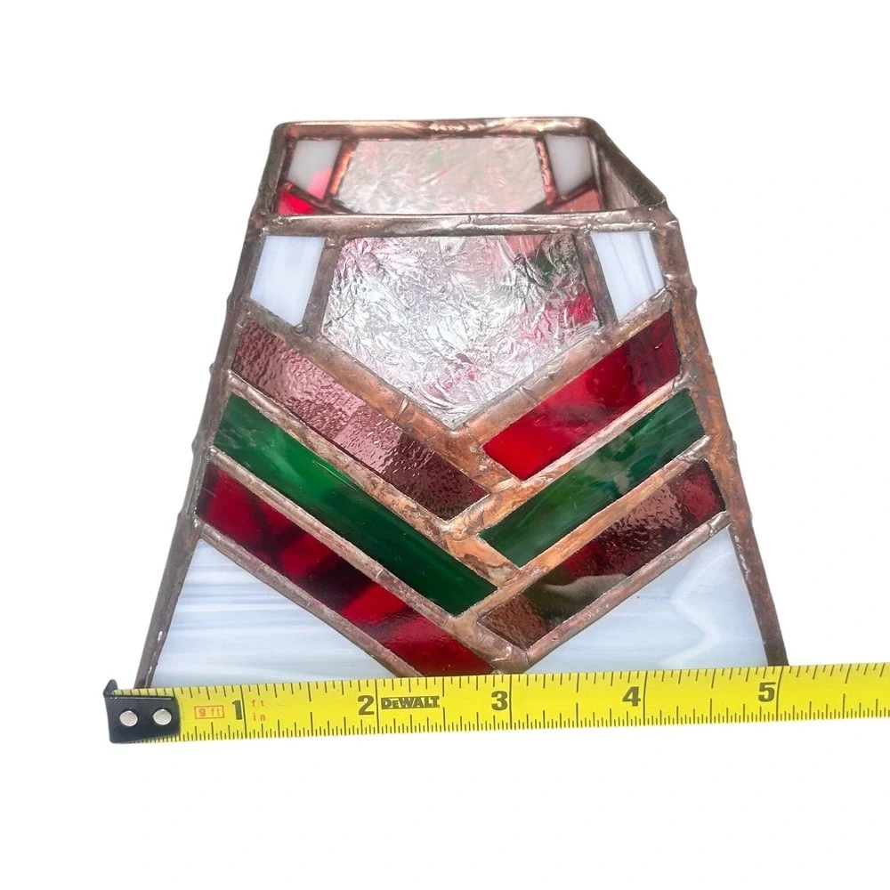 Vintage Stained Glass Tea Light Candle Holder Red Green White Chevron Geometric